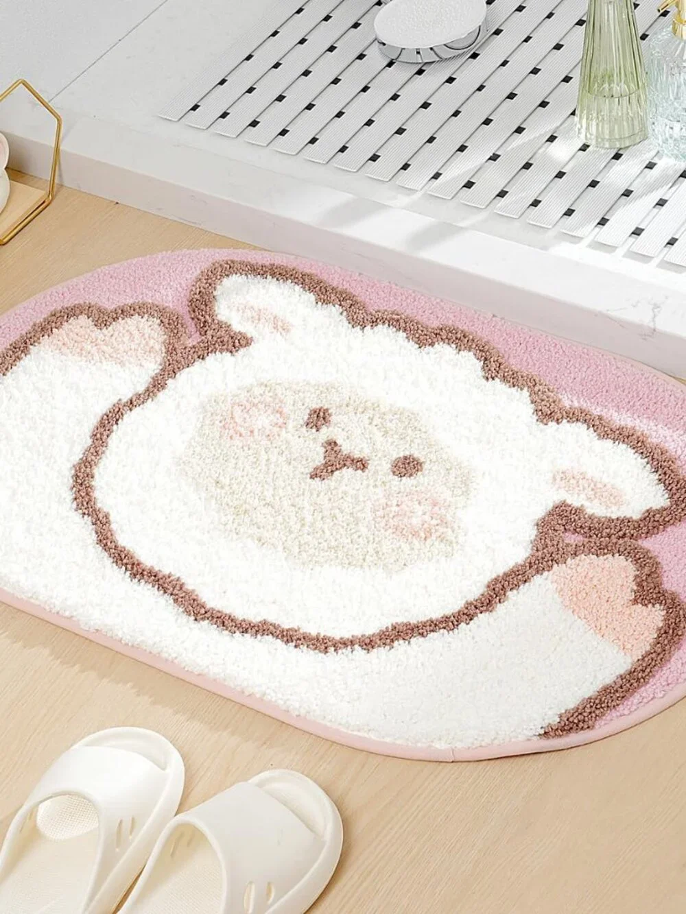 Sheep Bath Mat Bathroom Rug, Plush Microfiber Shower Rug Non-Slip Water Absorben